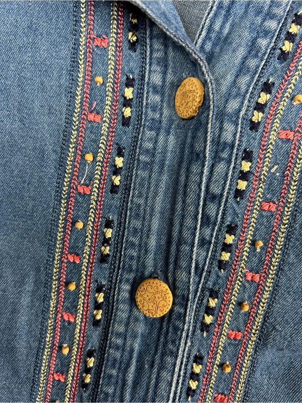 Anna Maxwell 2X Embroidered Denim Maxi Shirt Dress Button Front Pockets Boho - Picture 5 of 8